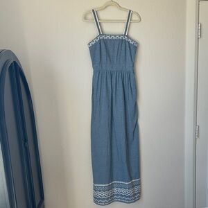 Esley Chambray Blue Maxi Dress Embroidered Cotton Linen Blend Size L Tall Long
